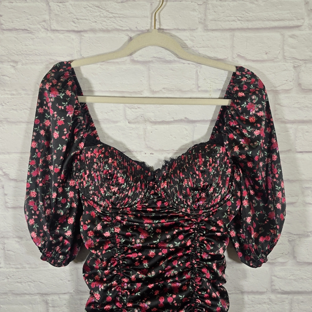For Love & Lemons Black Off-Shoulder Ruched Mini Dress with Floral Print - Picture 5 of 15